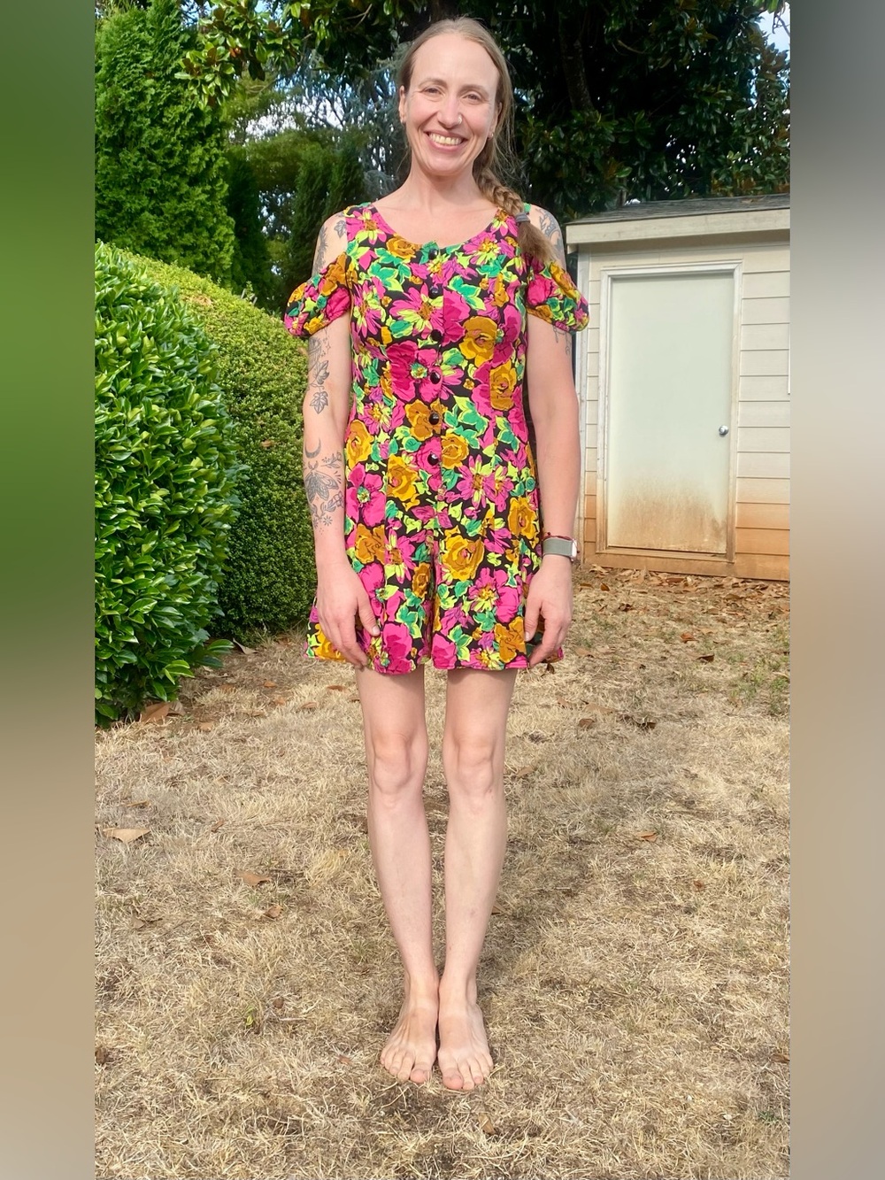 EUC True Vintage 1980s/90s Joni Blair Bright Floral Cold-Shoulder Mini Romper